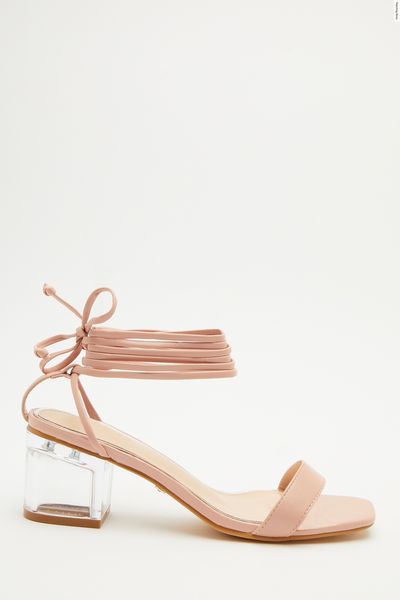 Pink Clear Ankle Tie Low Heeled Sandals